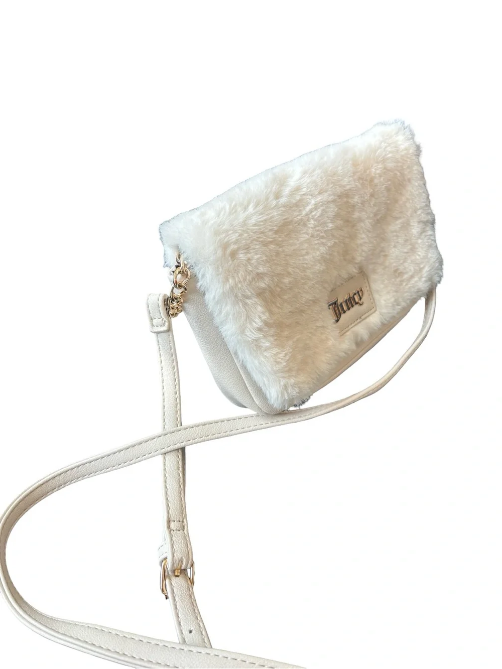 Juicy Couture Cream Faux Fur Crossbody Shoulder Bag with Gold Logo
